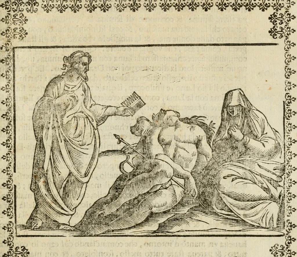 An illustration from Le imagini de gli dei de gli antichi : nelle quali sono descritte la religione de gli antichi li idoli, riti, & ceremonie loro, con l'aggiunta di molte principali imagini che nell'altre mancauano, et con l'espositione in epilogo di ciasceduna & suo significato, 1624, leaf 458