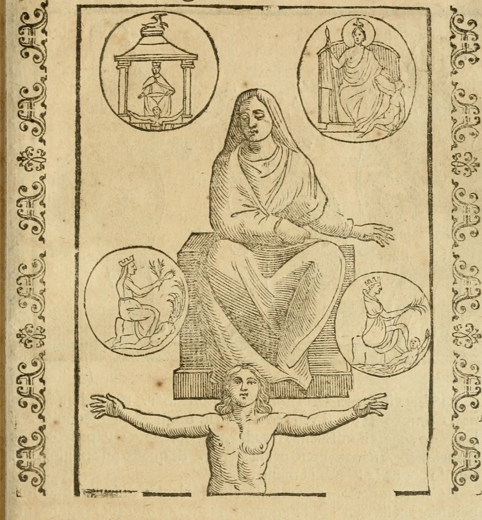 An illustration from Le imagini de gli dei de gli antichi : nelle quali sono descritte la religione de gli antichi li idoli, riti, & ceremonie loro, con l'aggiunta di molte principali imagini che nell'altre mancauano, et con l'espositione in epilogo di ciasceduna & suo significato, 1624, leaf 466