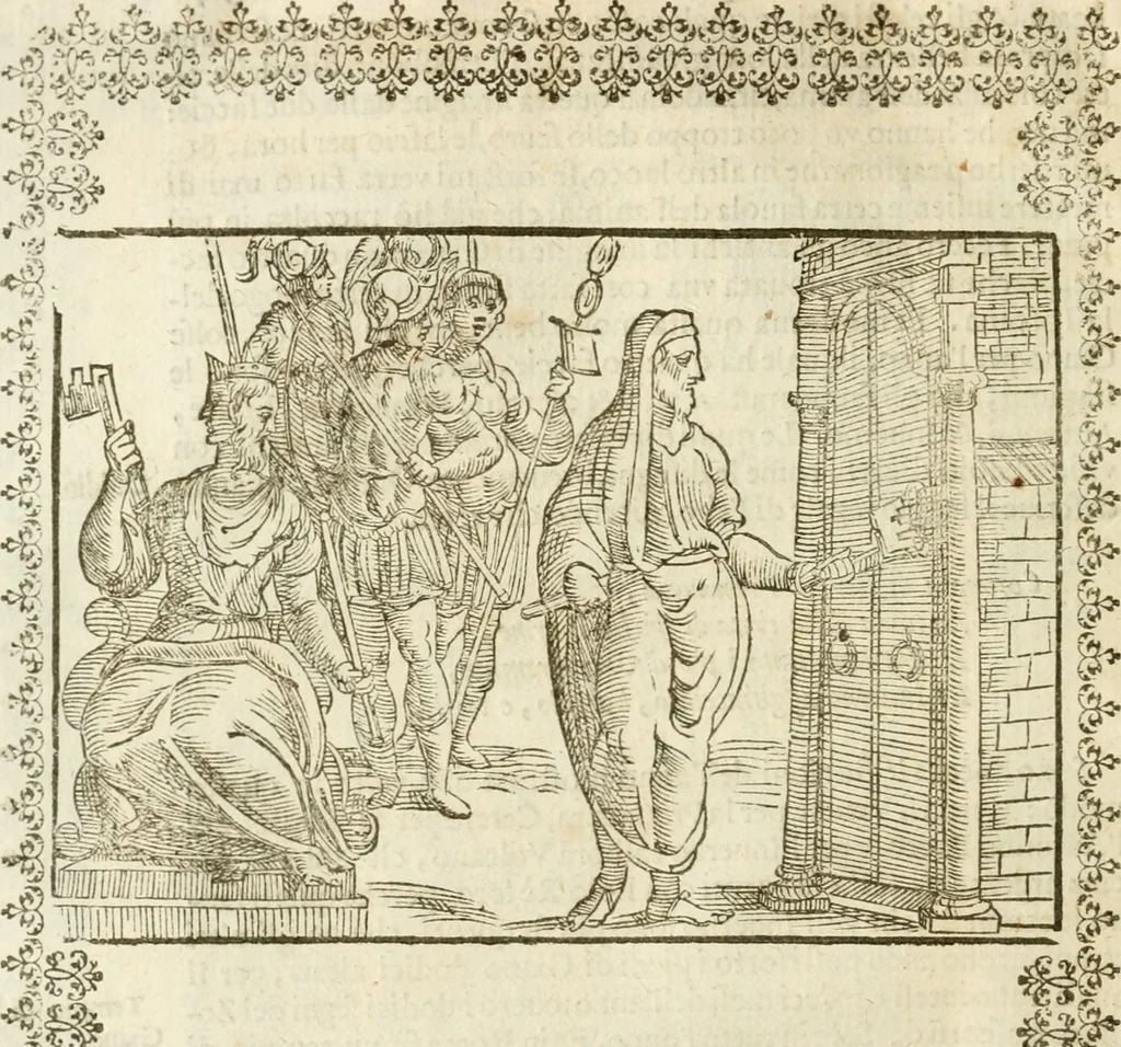 An illustration from Le imagini de gli dei de gli antichi : nelle quali sono descritte la religione de gli antichi li idoli, riti, & ceremonie loro, con l'aggiunta di molte principali imagini che nell'altre mancauano, et con l'espositione in epilogo di ciasceduna & suo significato, 1624, leaf 51