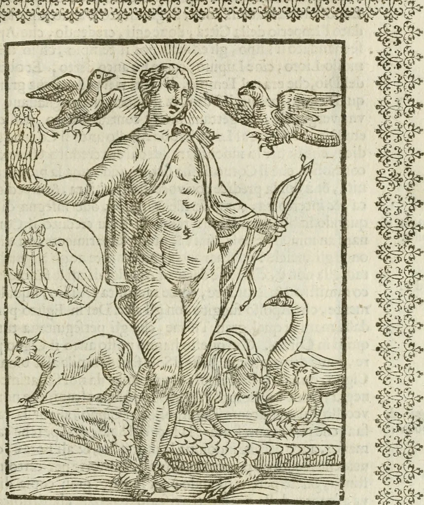 An illustration from Le imagini de gli dei de gli antichi : nelle quali sono descritte la religione de gli antichi li idoli, riti, & ceremonie loro, con l'aggiunta di molte principali imagini che nell'altre mancauano, et con l'espositione in epilogo di ciasceduna & suo significato, 1624, leaf 62