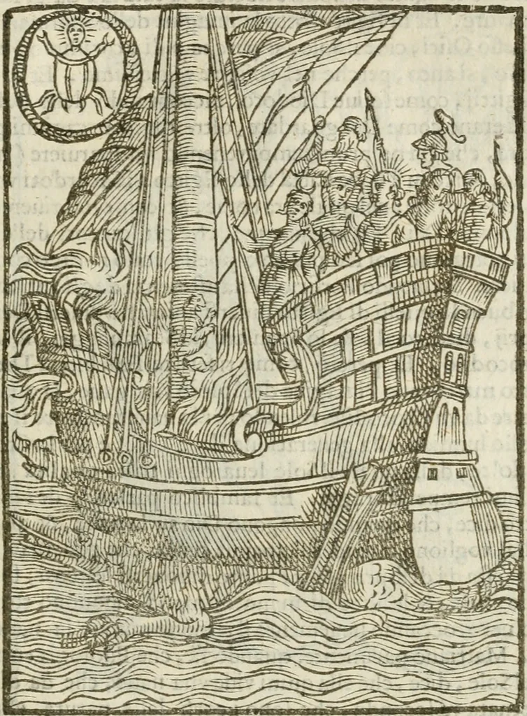 An illustration from Le imagini de gli dei de gli antichi : nelle quali sono descritte la religione de gli antichi li idoli, riti, & ceremonie loro, con l'aggiunta di molte principali imagini che nell'altre mancauano, et con l'espositione in epilogo di ciasceduna & suo significato, 1624, leaf 64