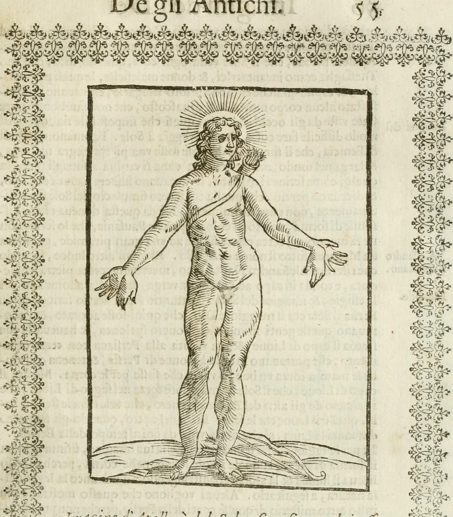 An illustration from Le imagini de gli dei de gli antichi : nelle quali sono descritte la religione de gli antichi li idoli, riti, & ceremonie loro, con l'aggiunta di molte principali imagini che nell'altre mancauano, et con l'espositione in epilogo di ciasceduna & suo significato, 1624, leaf 68