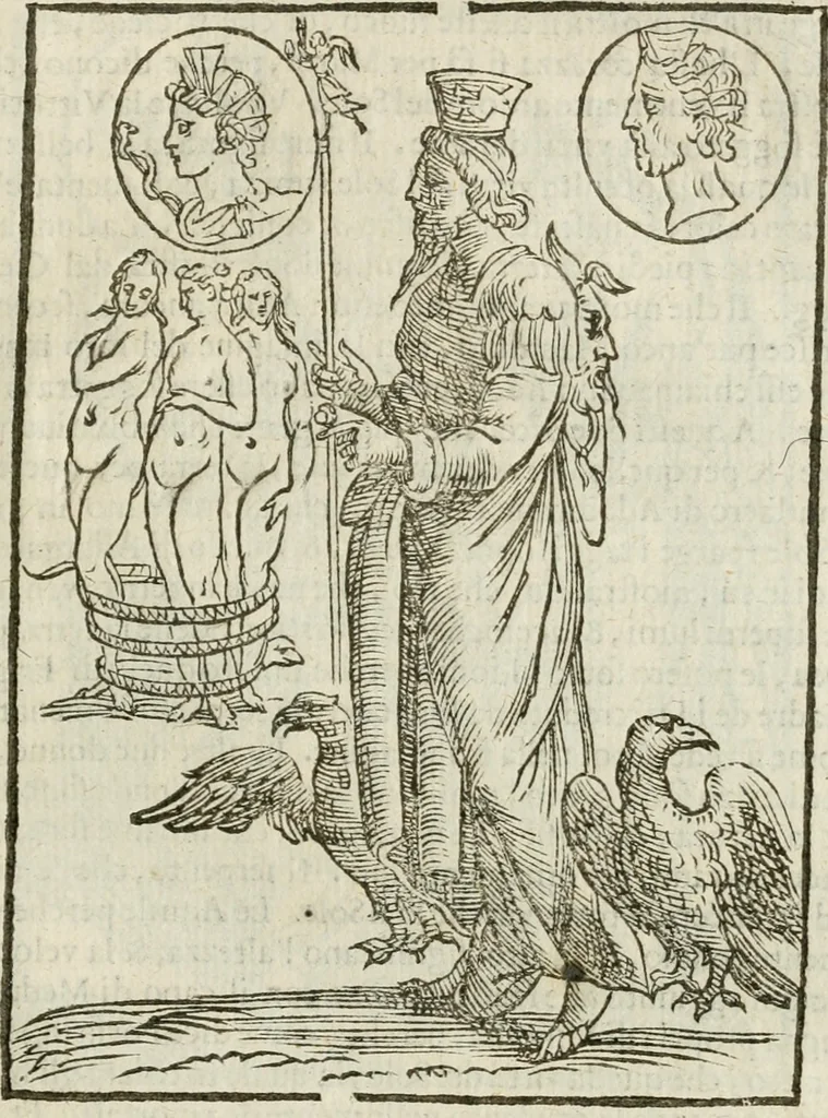 An illustration from Le imagini de gli dei de gli antichi : nelle quali sono descritte la religione de gli antichi li idoli, riti, & ceremonie loro, con l'aggiunta di molte principali imagini che nell'altre mancauano, et con l'espositione in epilogo di ciasceduna & suo significato, 1624, leaf 76