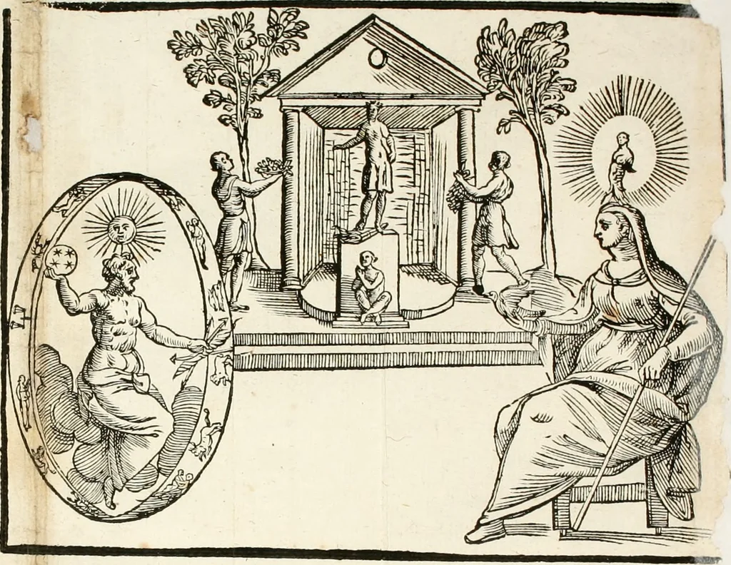 An illustration from Le imagini de gli dei de gli antichi : nelle quali sono descritte la religione de gli antichi li idoli, riti, & ceremonie loro, con l'aggiunta di molte principali imagini che nell'altre mancauano, et con l'espositione in epilogo di ciasceduna & suo significato, 1624, leaf 9
