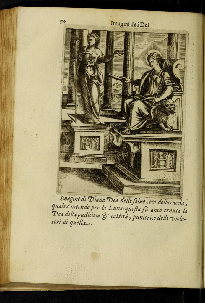 An illustration from Le imagini de gli dei de gli antichi, del signor Vincenzo Cartari regiano, nelle quali sono descritte la religione de gli antichi, li idoli, riti, & ceremonie loro, con l'agiunta di molte principali imagini, che nell'altre mancauano, et con l'espositione in epilogo di ciascheduna & suo significato. Estratta dall'istesso Cartari per Cesare Malfatti padoano, con vn cathalogo del medesimo di cento e più famosi dei loro natura e proprietà, estratto da questo & altri autori: opera vtilissima à historici, poeti, pittori, scultori, & professori di belle lettere .., 1609, leaf 106