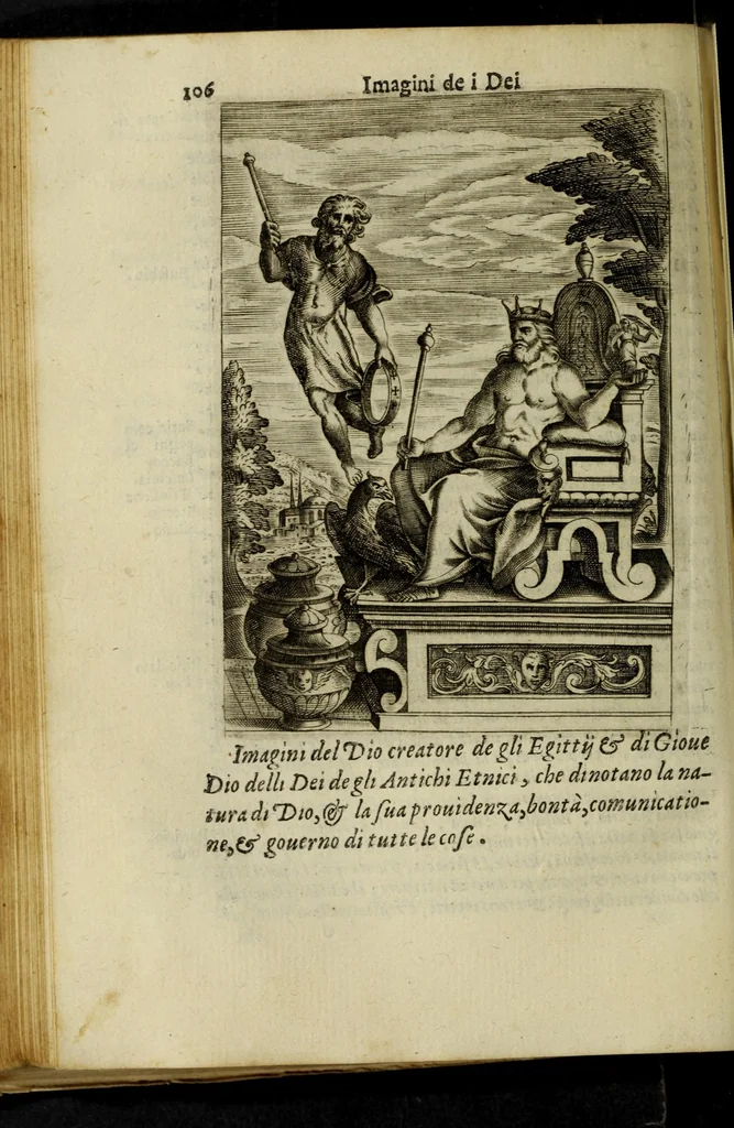 An illustration from Le imagini de gli dei de gli antichi, del signor Vincenzo Cartari regiano, nelle quali sono descritte la religione de gli antichi, li idoli, riti, & ceremonie loro, con l'agiunta di molte principali imagini, che nell'altre mancauano, et con l'espositione in epilogo di ciascheduna & suo significato. Estratta dall'istesso Cartari per Cesare Malfatti padoano, con vn cathalogo del medesimo di cento e più famosi dei loro natura e proprietà, estratto da questo & altri autori: opera vtilissima à historici, poeti, pittori, scultori, & professori di belle lettere .., 1609, leaf 142