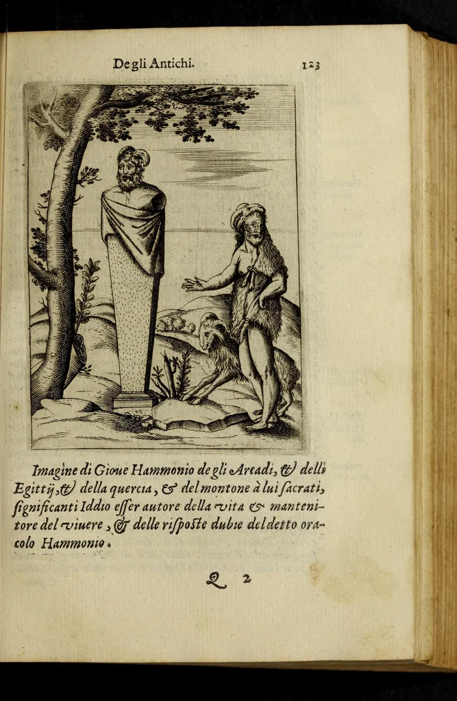 An illustration from Le imagini de gli dei de gli antichi, del signor Vincenzo Cartari regiano, nelle quali sono descritte la religione de gli antichi, li idoli, riti, & ceremonie loro, con l'agiunta di molte principali imagini, che nell'altre mancauano, et con l'espositione in epilogo di ciascheduna & suo significato. Estratta dall'istesso Cartari per Cesare Malfatti padoano, con vn cathalogo del medesimo di cento e più famosi dei loro natura e proprietà, estratto da questo & altri autori: opera vtilissima à historici, poeti, pittori, scultori, & professori di belle lettere .., 1609, leaf 159