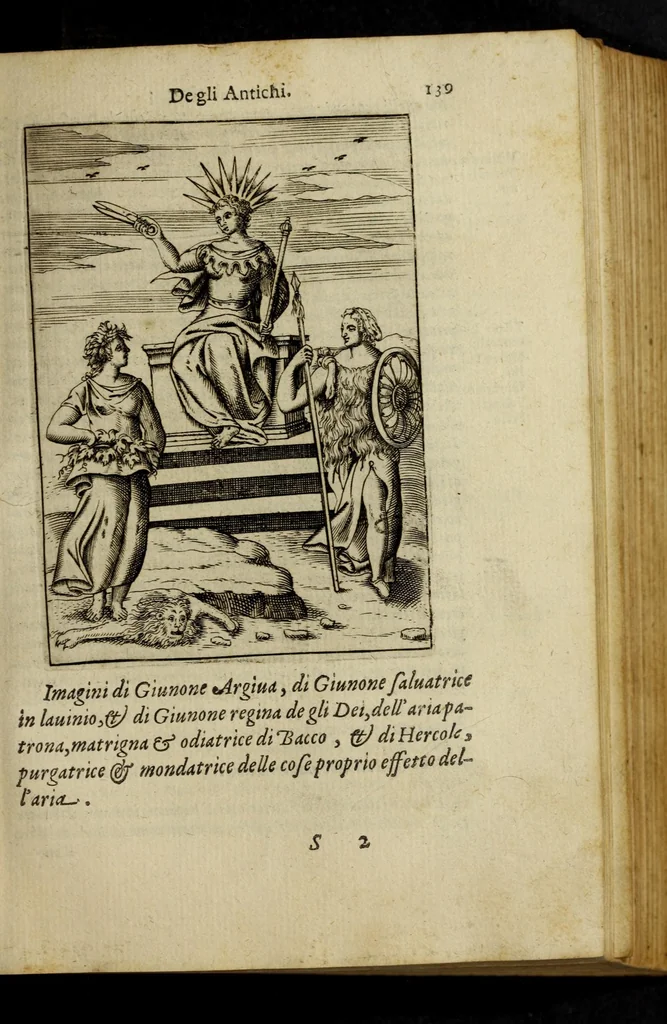 An illustration from Le imagini de gli dei de gli antichi, del signor Vincenzo Cartari regiano, nelle quali sono descritte la religione de gli antichi, li idoli, riti, & ceremonie loro, con l'agiunta di molte principali imagini, che nell'altre mancauano, et con l'espositione in epilogo di ciascheduna & suo significato. Estratta dall'istesso Cartari per Cesare Malfatti padoano, con vn cathalogo del medesimo di cento e più famosi dei loro natura e proprietà, estratto da questo & altri autori: opera vtilissima à historici, poeti, pittori, scultori, & professori di belle lettere .., 1609, leaf 175