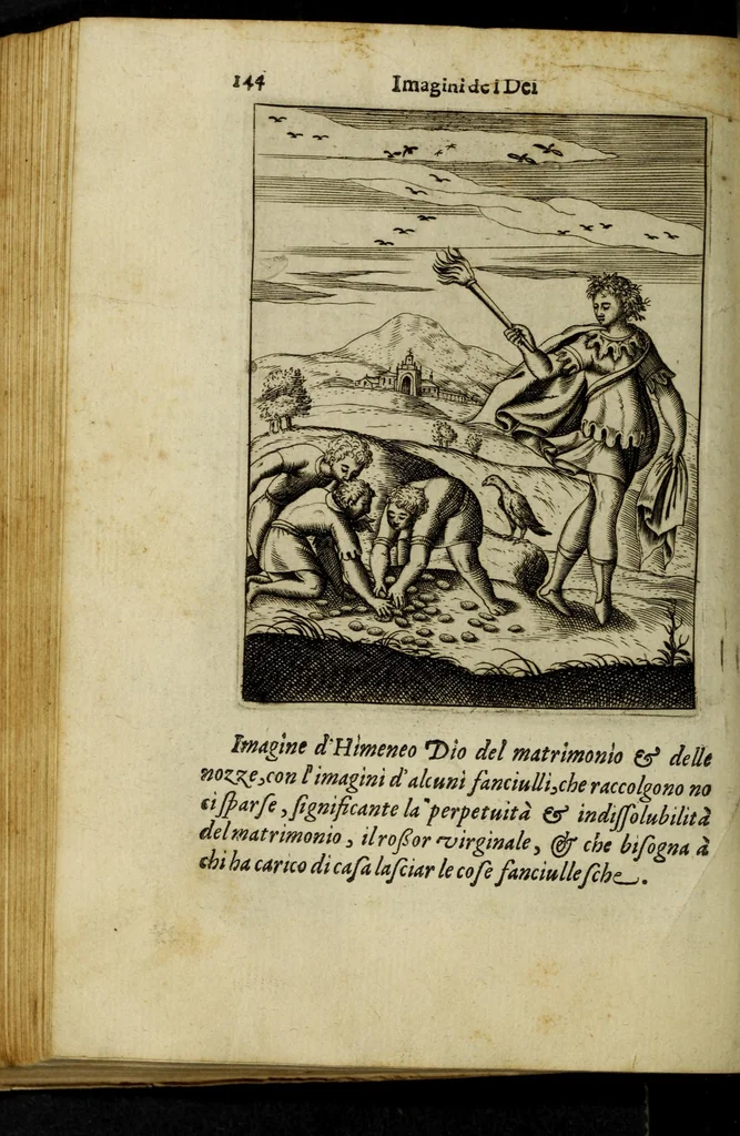 An illustration from Le imagini de gli dei de gli antichi, del signor Vincenzo Cartari regiano, nelle quali sono descritte la religione de gli antichi, li idoli, riti, & ceremonie loro, con l'agiunta di molte principali imagini, che nell'altre mancauano, et con l'espositione in epilogo di ciascheduna & suo significato. Estratta dall'istesso Cartari per Cesare Malfatti padoano, con vn cathalogo del medesimo di cento e più famosi dei loro natura e proprietà, estratto da questo & altri autori: opera vtilissima à historici, poeti, pittori, scultori, & professori di belle lettere .., 1609, leaf 180
