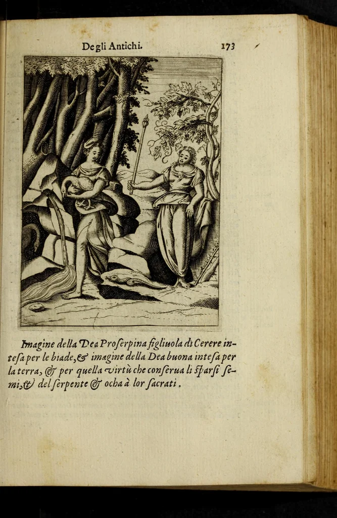 An illustration from Le imagini de gli dei de gli antichi, del signor Vincenzo Cartari regiano, nelle quali sono descritte la religione de gli antichi, li idoli, riti, & ceremonie loro, con l'agiunta di molte principali imagini, che nell'altre mancauano, et con l'espositione in epilogo di ciascheduna & suo significato. Estratta dall'istesso Cartari per Cesare Malfatti padoano, con vn cathalogo del medesimo di cento e più famosi dei loro natura e proprietà, estratto da questo & altri autori: opera vtilissima à historici, poeti, pittori, scultori, & professori di belle lettere .., 1609, leaf 209