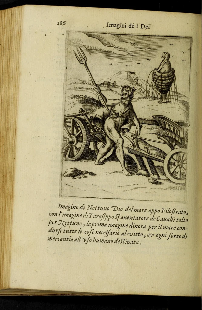 An illustration from Le imagini de gli dei de gli antichi, del signor Vincenzo Cartari regiano, nelle quali sono descritte la religione de gli antichi, li idoli, riti, & ceremonie loro, con l'agiunta di molte principali imagini, che nell'altre mancauano, et con l'espositione in epilogo di ciascheduna & suo significato. Estratta dall'istesso Cartari per Cesare Malfatti padoano, con vn cathalogo del medesimo di cento e più famosi dei loro natura e proprietà, estratto da questo & altri autori: opera vtilissima à historici, poeti, pittori, scultori, & professori di belle lettere .., 1609, leaf 222