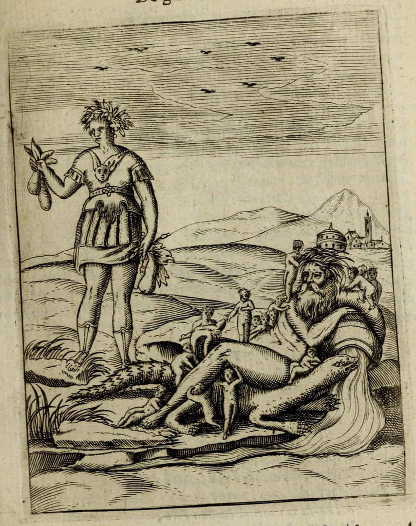 An illustration from Le imagini de gli dei de gli antichi, del signor Vincenzo Cartari regiano, nelle quali sono descritte la religione de gli antichi, li idoli, riti, & ceremonie loro, con l'agiunta di molte principali imagini, che nell'altre mancauano, et con l'espositione in epilogo di ciascheduna & suo significato. Estratta dall'istesso Cartari per Cesare Malfatti padoano, con vn cathalogo del medesimo di cento e più famosi dei loro natura e proprietà, estratto da questo & altri autori: opera vtilissima à historici, poeti, pittori, scultori, & professori di belle lettere .., 1609, leaf 233