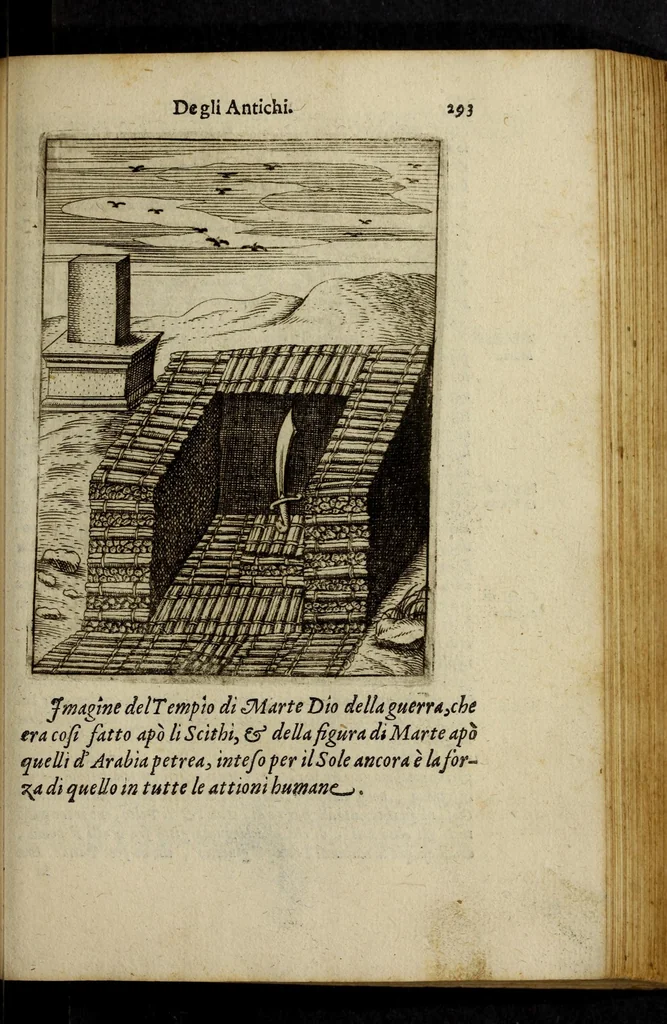 An illustration from Le imagini de gli dei de gli antichi, del signor Vincenzo Cartari regiano, nelle quali sono descritte la religione de gli antichi, li idoli, riti, & ceremonie loro, con l'agiunta di molte principali imagini, che nell'altre mancauano, et con l'espositione in epilogo di ciascheduna & suo significato. Estratta dall'istesso Cartari per Cesare Malfatti padoano, con vn cathalogo del medesimo di cento e più famosi dei loro natura e proprietà, estratto da questo & altri autori: opera vtilissima à historici, poeti, pittori, scultori, & professori di belle lettere .., 1609, leaf 329