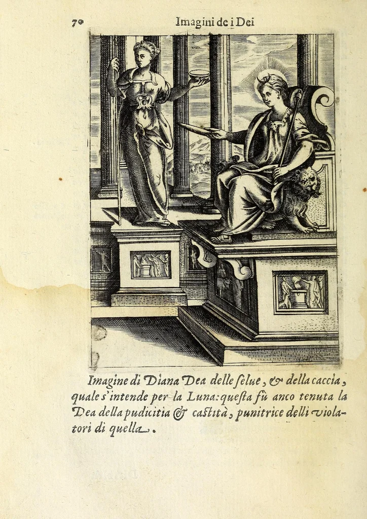An illustration from Le imagini de gli dei de gli antichi : del signor Vincenzo Cartari reggiano : nelle quali sono descritte la religione de gli antichi, li idoli, riti & ceremonie loro : con l'aggiunta di molte principali imagini, che nell'altre mancauano : et con l'espositione in epilogo di ciascheduna & suo significato : estratta dall'istesso Cartari per Cesare Malfatti padoano : con vn cathalogo del medesimo di cento e più famosi dei, lor natura e proprietà, estratto da questo & altri autori : opera vtilissima a historici, poeti, pittori, scultori, & professori di belle lettere, 1609, leaf 106