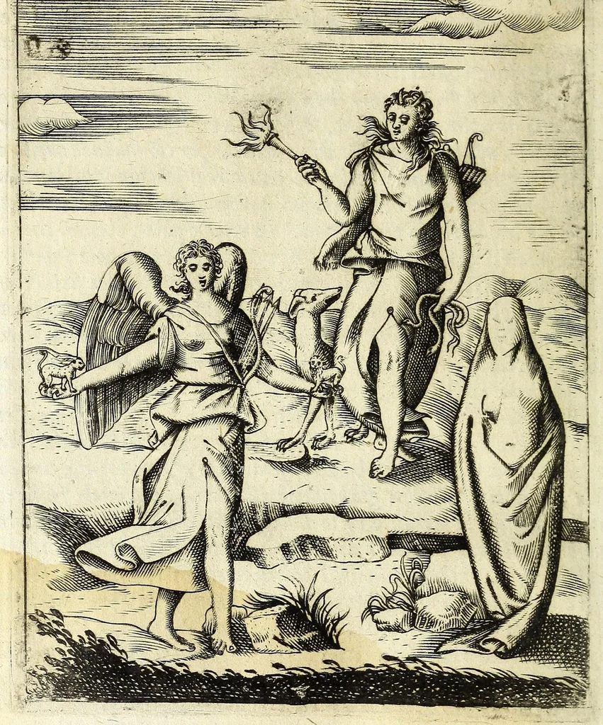 An illustration from Le imagini de gli dei de gli antichi : del signor Vincenzo Cartari reggiano : nelle quali sono descritte la religione de gli antichi, li idoli, riti & ceremonie loro : con l'aggiunta di molte principali imagini, che nell'altre mancauano : et con l'espositione in epilogo di ciascheduna & suo significato : estratta dall'istesso Cartari per Cesare Malfatti padoano : con vn cathalogo del medesimo di cento e più famosi dei, lor natura e proprietà, estratto da questo & altri autori : opera vtilissima a historici, poeti, pittori, scultori, & professori di belle lettere, 1609, leaf 110