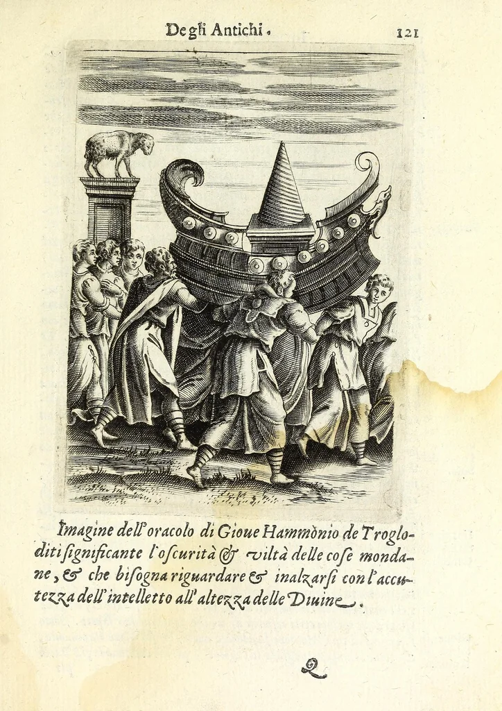 An illustration from Le imagini de gli dei de gli antichi : del signor Vincenzo Cartari reggiano : nelle quali sono descritte la religione de gli antichi, li idoli, riti & ceremonie loro : con l'aggiunta di molte principali imagini, che nell'altre mancauano : et con l'espositione in epilogo di ciascheduna & suo significato : estratta dall'istesso Cartari per Cesare Malfatti padoano : con vn cathalogo del medesimo di cento e più famosi dei, lor natura e proprietà, estratto da questo & altri autori : opera vtilissima a historici, poeti, pittori, scultori, & professori di belle lettere, 1609, leaf 157