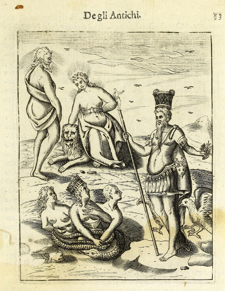 An illustration from Le imagini de gli dei de gli antichi : del signor Vincenzo Cartari reggiano : nelle quali sono descritte la religione de gli antichi, li idoli, riti & ceremonie loro : con l'aggiunta di molte principali imagini, che nell'altre mancauano : et con l'espositione in epilogo di ciascheduna & suo significato : estratta dall'istesso Cartari per Cesare Malfatti padoano : con vn cathalogo del medesimo di cento e più famosi dei, lor natura e proprietà, estratto da questo & altri autori : opera vtilissima a historici, poeti, pittori, scultori, & professori di belle lettere, 1609, leaf 89