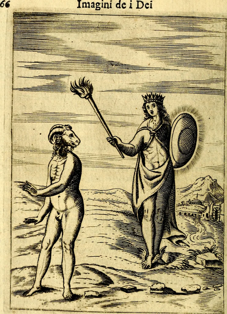 An illustration from Le imagini de gli dei de gli antichi del signor Vincenzo Cartari, reggiano : nelle quali sono descritte la religione de gli antichi, li idoli, riti & ceremonie loro ... et con l'espositione in epilogo di ciascheduna & suo significato : estrata dall' istesso Cartari per Cesare Malfatti .., 1625, leaf 101