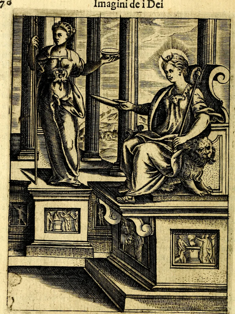 An illustration from Le imagini de gli dei de gli antichi del signor Vincenzo Cartari, reggiano : nelle quali sono descritte la religione de gli antichi, li idoli, riti & ceremonie loro ... et con l'espositione in epilogo di ciascheduna & suo significato : estrata dall' istesso Cartari per Cesare Malfatti .., 1625, leaf 105