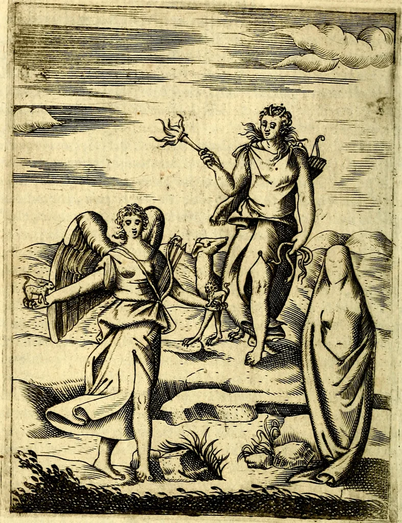 An illustration from Le imagini de gli dei de gli antichi del signor Vincenzo Cartari, reggiano : nelle quali sono descritte la religione de gli antichi, li idoli, riti & ceremonie loro ... et con l'espositione in epilogo di ciascheduna & suo significato : estrata dall' istesso Cartari per Cesare Malfatti .., 1625, leaf 109