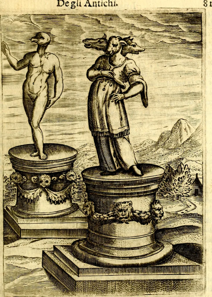 An illustration from Le imagini de gli dei de gli antichi del signor Vincenzo Cartari, reggiano : nelle quali sono descritte la religione de gli antichi, li idoli, riti & ceremonie loro ... et con l'espositione in epilogo di ciascheduna & suo significato : estrata dall' istesso Cartari per Cesare Malfatti .., 1625, leaf 116