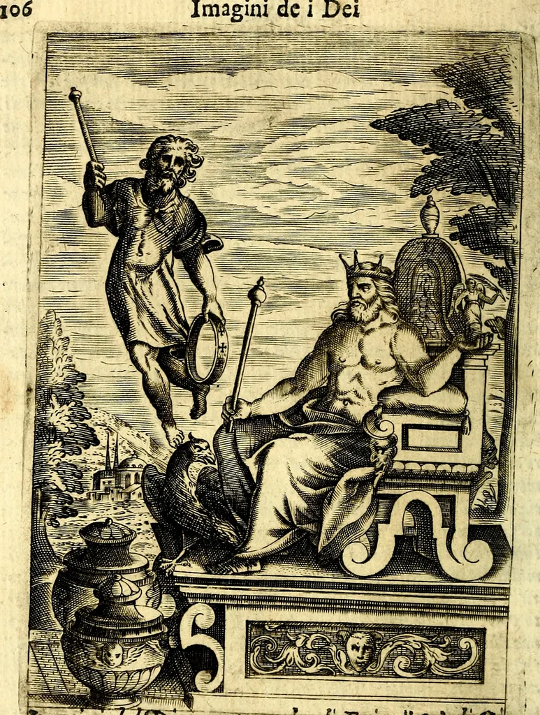 An illustration from Le imagini de gli dei de gli antichi del signor Vincenzo Cartari, reggiano : nelle quali sono descritte la religione de gli antichi, li idoli, riti & ceremonie loro ... et con l'espositione in epilogo di ciascheduna & suo significato : estrata dall' istesso Cartari per Cesare Malfatti .., 1625, leaf 141