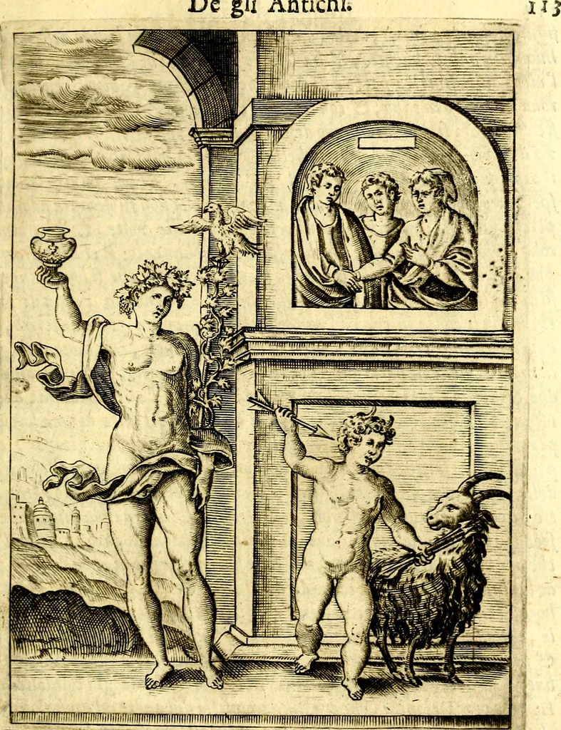 An illustration from Le imagini de gli dei de gli antichi del signor Vincenzo Cartari, reggiano : nelle quali sono descritte la religione de gli antichi, li idoli, riti & ceremonie loro ... et con l'espositione in epilogo di ciascheduna & suo significato : estrata dall' istesso Cartari per Cesare Malfatti .., 1625, leaf 148
