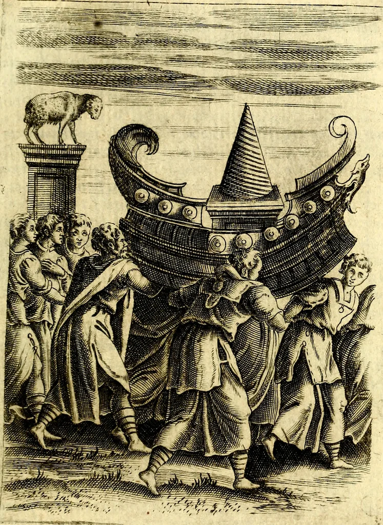 An illustration from Le imagini de gli dei de gli antichi del signor Vincenzo Cartari, reggiano : nelle quali sono descritte la religione de gli antichi, li idoli, riti & ceremonie loro ... et con l'espositione in epilogo di ciascheduna & suo significato : estrata dall' istesso Cartari per Cesare Malfatti .., 1625, leaf 156