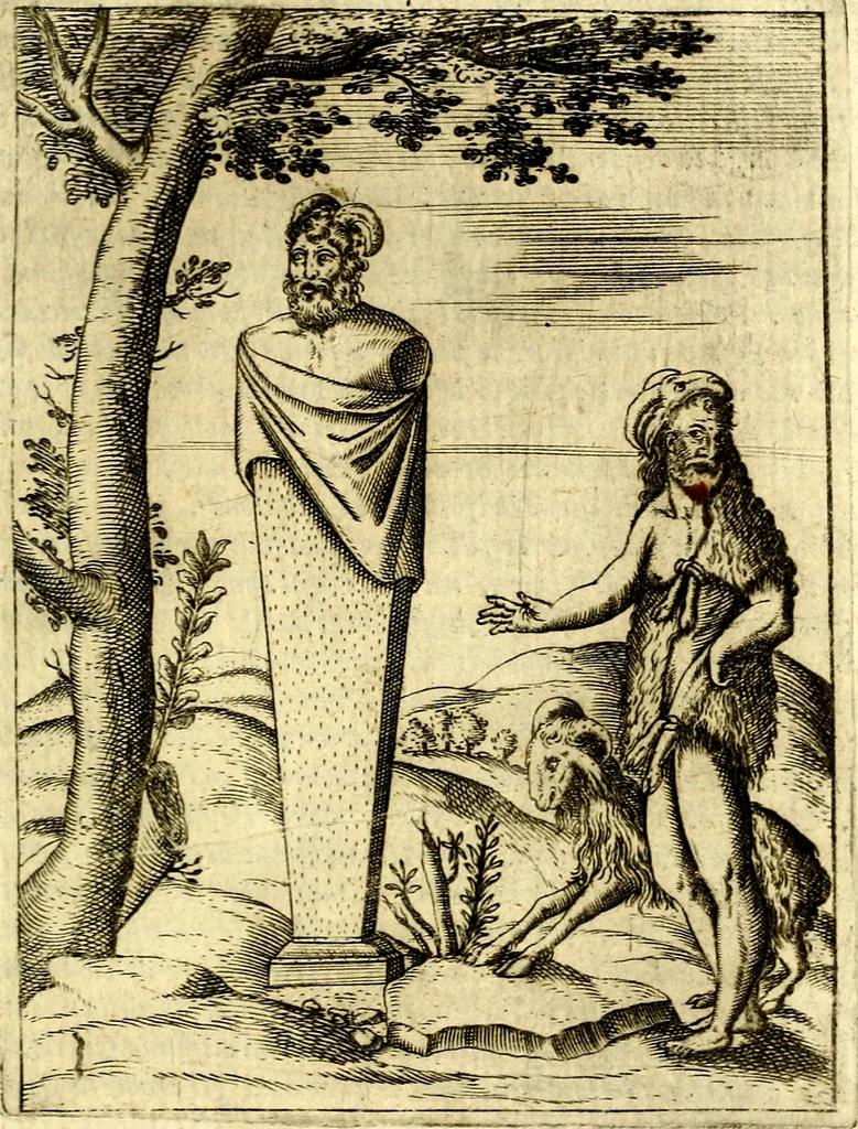 An illustration from Le imagini de gli dei de gli antichi del signor Vincenzo Cartari, reggiano : nelle quali sono descritte la religione de gli antichi, li idoli, riti & ceremonie loro ... et con l'espositione in epilogo di ciascheduna & suo significato : estrata dall' istesso Cartari per Cesare Malfatti .., 1625, leaf 158