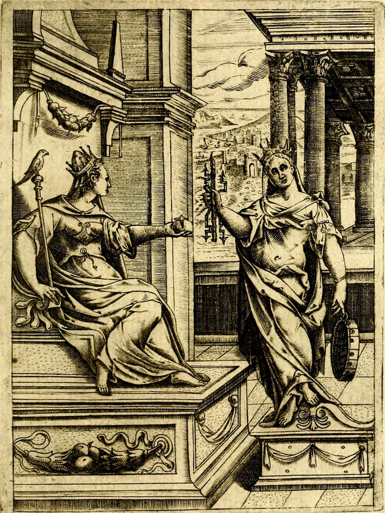 An illustration from Le imagini de gli dei de gli antichi del signor Vincenzo Cartari, reggiano : nelle quali sono descritte la religione de gli antichi, li idoli, riti & ceremonie loro ... et con l'espositione in epilogo di ciascheduna & suo significato : estrata dall' istesso Cartari per Cesare Malfatti .., 1625, leaf 166