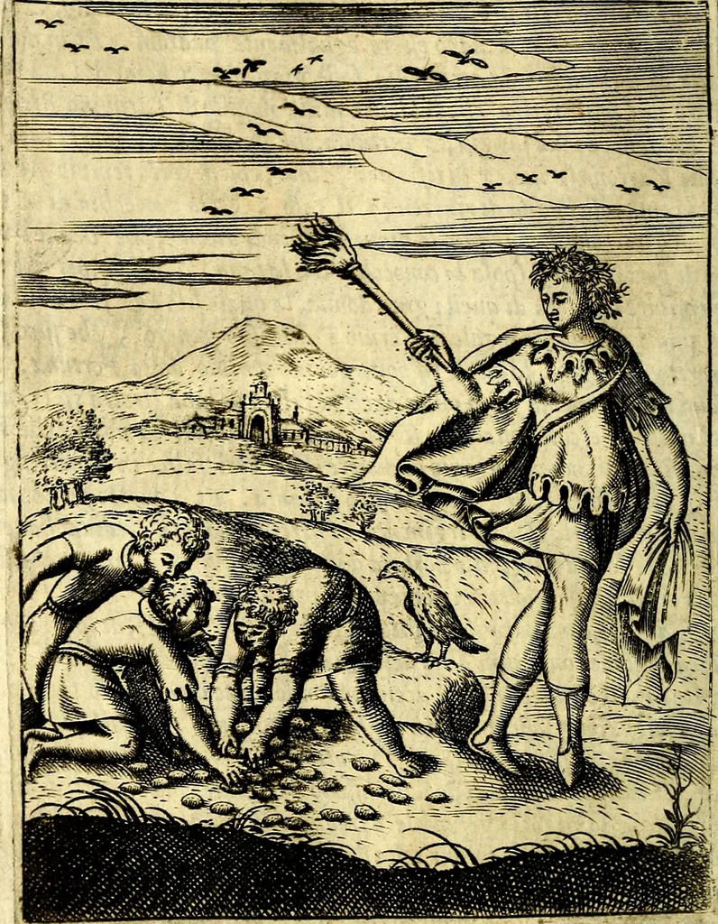 An illustration from Le imagini de gli dei de gli antichi del signor Vincenzo Cartari, reggiano : nelle quali sono descritte la religione de gli antichi, li idoli, riti & ceremonie loro ... et con l'espositione in epilogo di ciascheduna & suo significato : estrata dall' istesso Cartari per Cesare Malfatti .., 1625, leaf 179