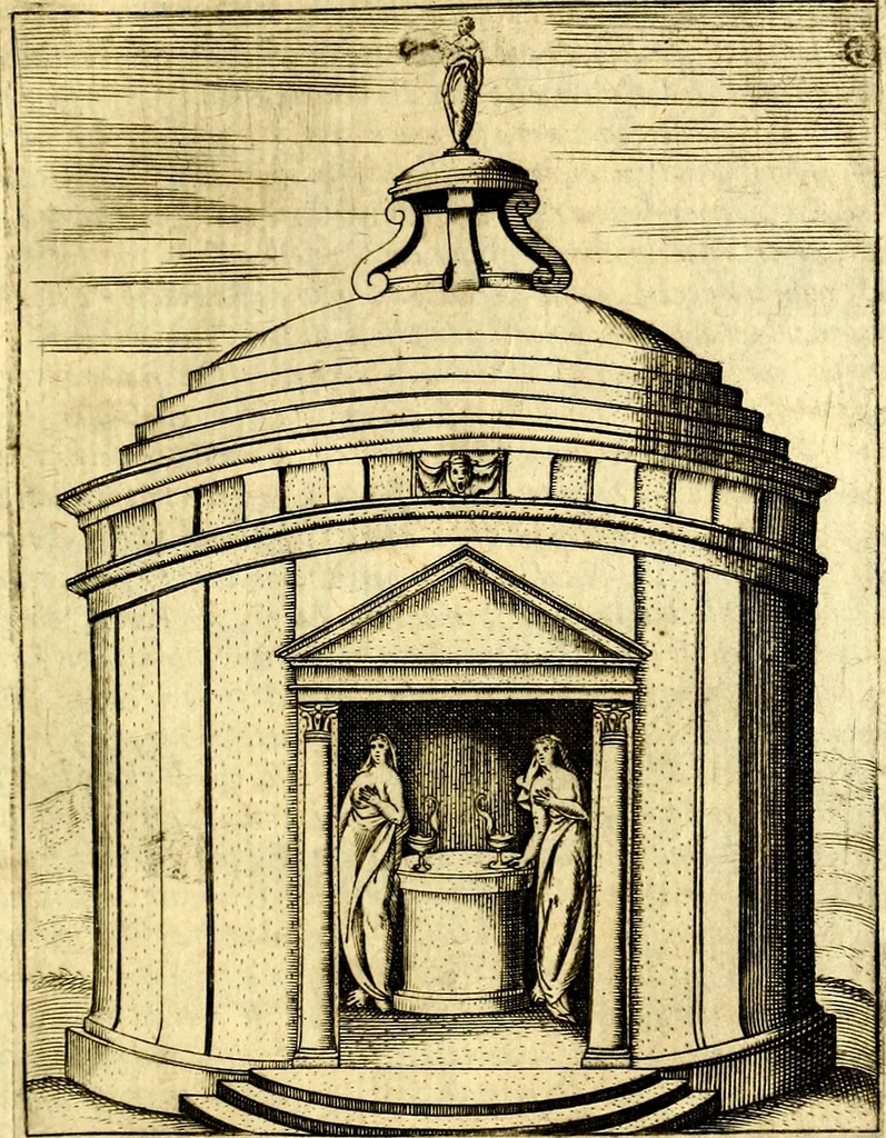 An illustration from Le imagini de gli dei de gli antichi del signor Vincenzo Cartari, reggiano : nelle quali sono descritte la religione de gli antichi, li idoli, riti & ceremonie loro ... et con l'espositione in epilogo di ciascheduna & suo significato : estrata dall' istesso Cartari per Cesare Malfatti .., 1625, leaf 196