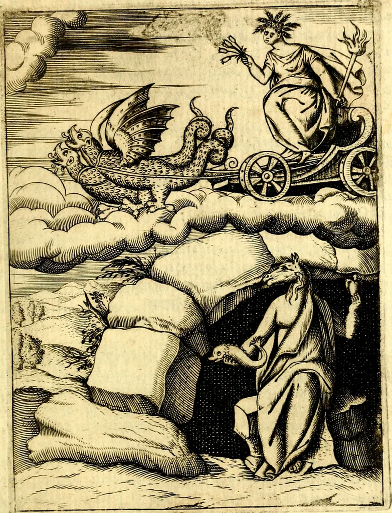 An illustration from Le imagini de gli dei de gli antichi del signor Vincenzo Cartari, reggiano : nelle quali sono descritte la religione de gli antichi, li idoli, riti & ceremonie loro ... et con l'espositione in epilogo di ciascheduna & suo significato : estrata dall' istesso Cartari per Cesare Malfatti .., 1625, leaf 198