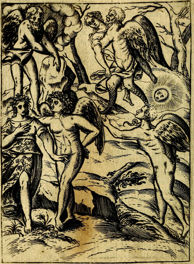 An illustration from Le imagini de gli dei de gli antichi del signor Vincenzo Cartari, reggiano : nelle quali sono descritte la religione de gli antichi, li idoli, riti & ceremonie loro ... et con l'espositione in epilogo di ciascheduna & suo significato : estrata dall' istesso Cartari per Cesare Malfatti .., 1625, leaf 227