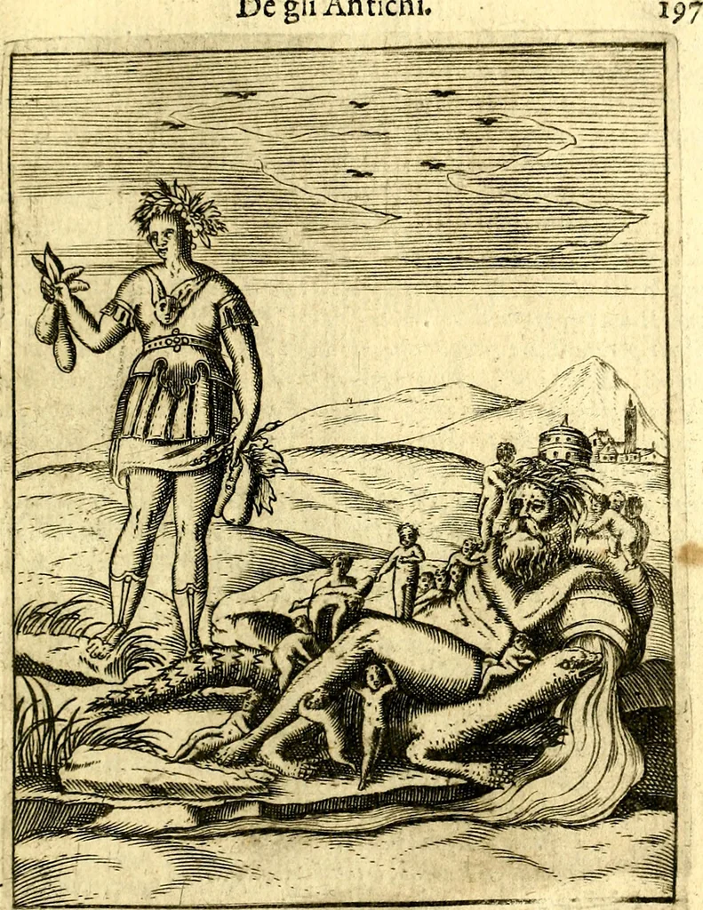 An illustration from Le imagini de gli dei de gli antichi del signor Vincenzo Cartari, reggiano : nelle quali sono descritte la religione de gli antichi, li idoli, riti & ceremonie loro ... et con l'espositione in epilogo di ciascheduna & suo significato : estrata dall' istesso Cartari per Cesare Malfatti .., 1625, leaf 232