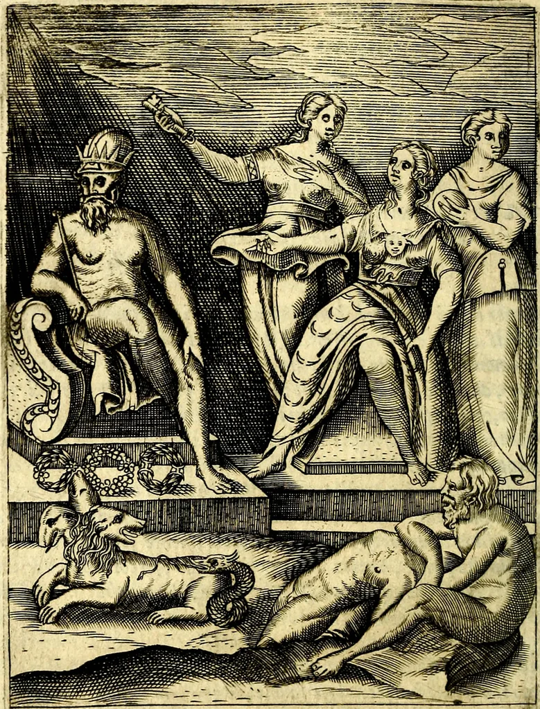 An illustration from Le imagini de gli dei de gli antichi del signor Vincenzo Cartari, reggiano : nelle quali sono descritte la religione de gli antichi, li idoli, riti & ceremonie loro ... et con l'espositione in epilogo di ciascheduna & suo significato : estrata dall' istesso Cartari per Cesare Malfatti .., 1625, leaf 239