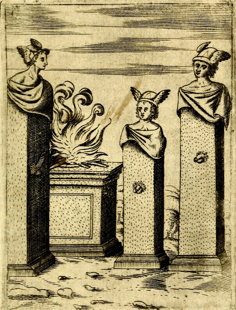 An illustration from Le imagini de gli dei de gli antichi del signor Vincenzo Cartari, reggiano : nelle quali sono descritte la religione de gli antichi, li idoli, riti & ceremonie loro ... et con l'espositione in epilogo di ciascheduna & suo significato : estrata dall' istesso Cartari per Cesare Malfatti .., 1625, leaf 276