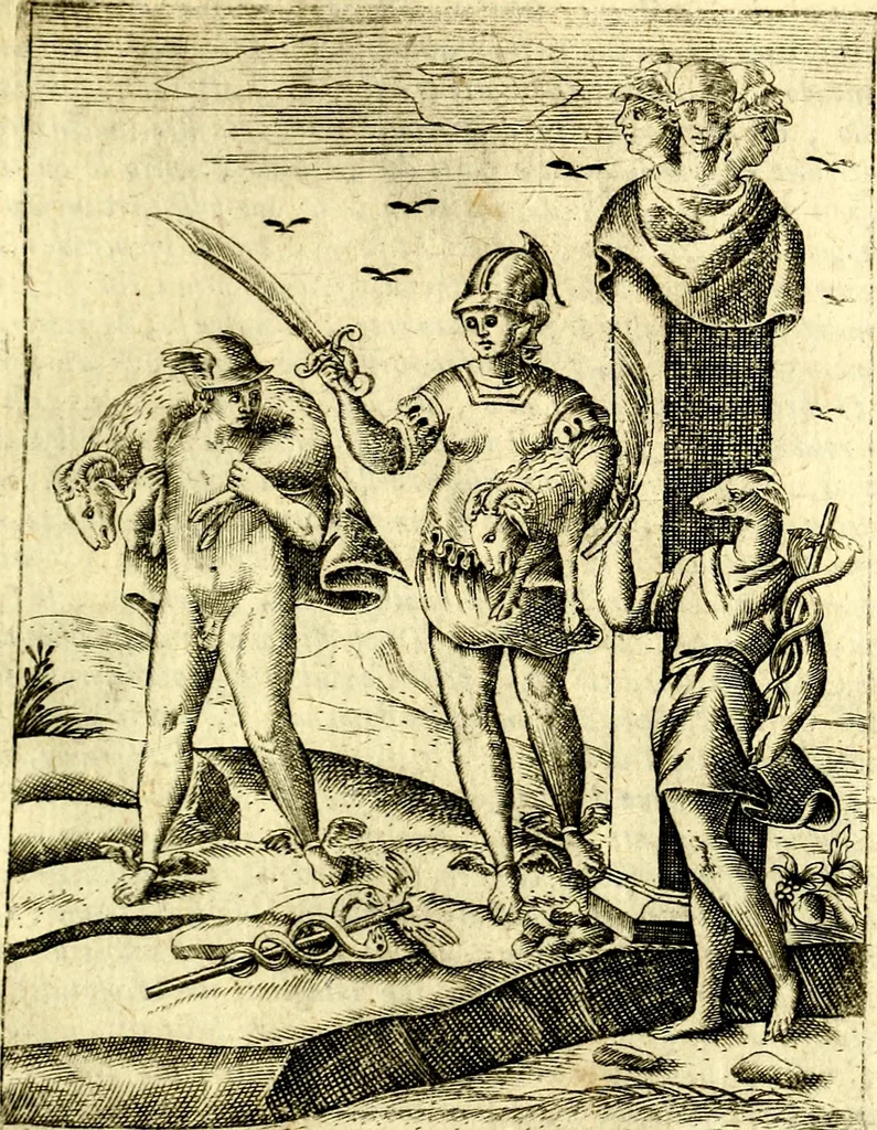 An illustration from Le imagini de gli dei de gli antichi del signor Vincenzo Cartari, reggiano : nelle quali sono descritte la religione de gli antichi, li idoli, riti & ceremonie loro ... et con l'espositione in epilogo di ciascheduna & suo significato : estrata dall' istesso Cartari per Cesare Malfatti .., 1625, leaf 284