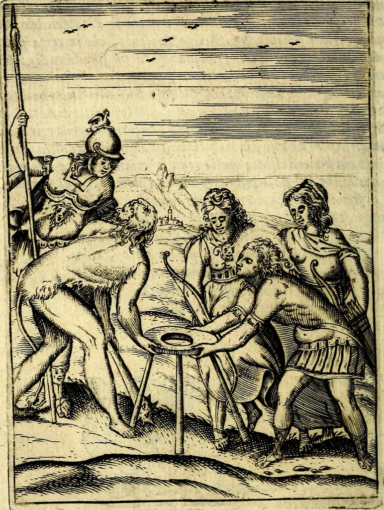 An illustration from Le imagini de gli dei de gli antichi del signor Vincenzo Cartari, reggiano : nelle quali sono descritte la religione de gli antichi, li idoli, riti & ceremonie loro ... et con l'espositione in epilogo di ciascheduna & suo significato : estrata dall' istesso Cartari per Cesare Malfatti .., 1625, leaf 297