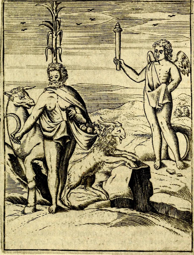 An illustration from Le imagini de gli dei de gli antichi del signor Vincenzo Cartari, reggiano : nelle quali sono descritte la religione de gli antichi, li idoli, riti & ceremonie loro ... et con l'espositione in epilogo di ciascheduna & suo significato : estrata dall' istesso Cartari per Cesare Malfatti .., 1625, leaf 356