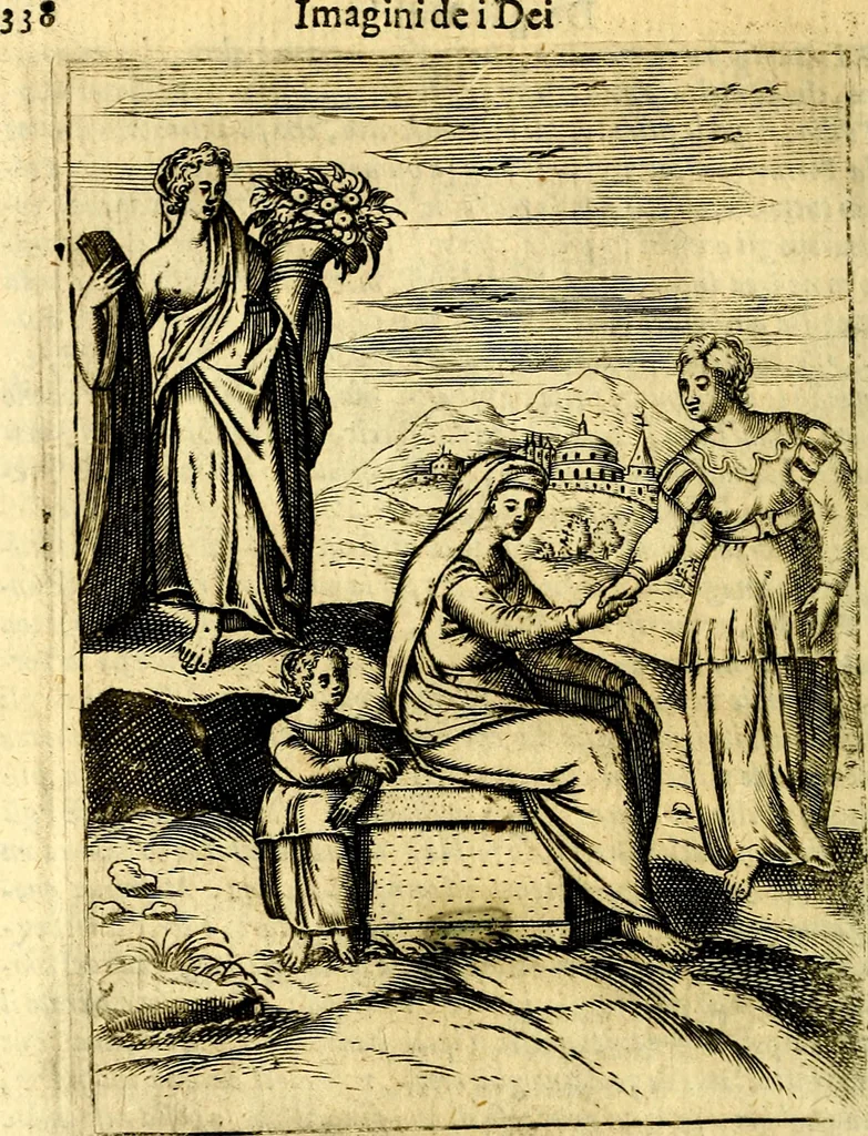 An illustration from Le imagini de gli dei de gli antichi del signor Vincenzo Cartari, reggiano : nelle quali sono descritte la religione de gli antichi, li idoli, riti & ceremonie loro ... et con l'espositione in epilogo di ciascheduna & suo significato : estrata dall' istesso Cartari per Cesare Malfatti .., 1625, leaf 373