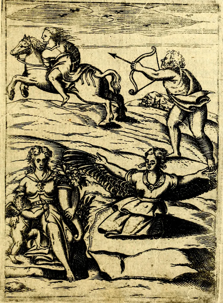 An illustration from Le imagini de gli dei de gli antichi del signor Vincenzo Cartari, reggiano : nelle quali sono descritte la religione de gli antichi, li idoli, riti & ceremonie loro ... et con l'espositione in epilogo di ciascheduna & suo significato : estrata dall' istesso Cartari per Cesare Malfatti .., 1625, leaf 386