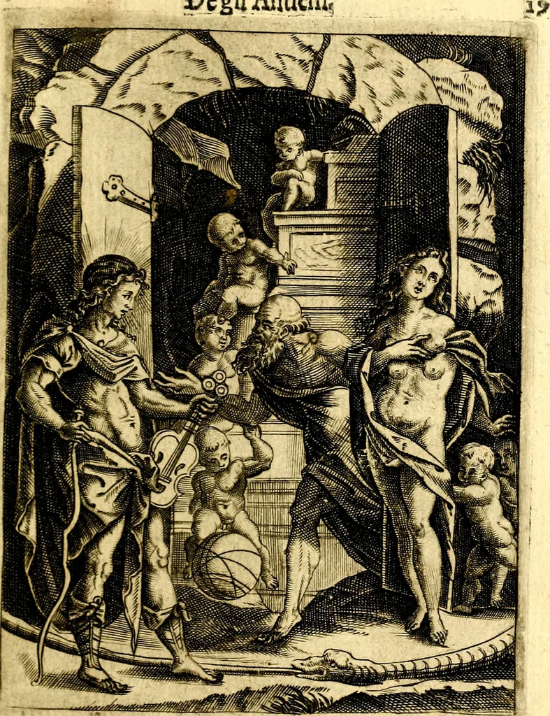 An illustration from Le imagini de gli dei de gli antichi del signor Vincenzo Cartari, reggiano : nelle quali sono descritte la religione de gli antichi, li idoli, riti & ceremonie loro ... et con l'espositione in epilogo di ciascheduna & suo significato : estrata dall' istesso Cartari per Cesare Malfatti .., 1625, leaf 54