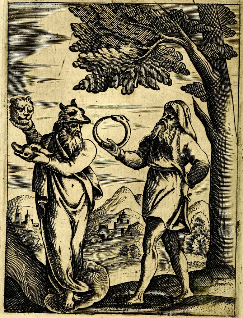 An illustration from Le imagini de gli dei de gli antichi del signor Vincenzo Cartari, reggiano : nelle quali sono descritte la religione de gli antichi, li idoli, riti & ceremonie loro ... et con l'espositione in epilogo di ciascheduna & suo significato : estrata dall' istesso Cartari per Cesare Malfatti .., 1625, leaf 61