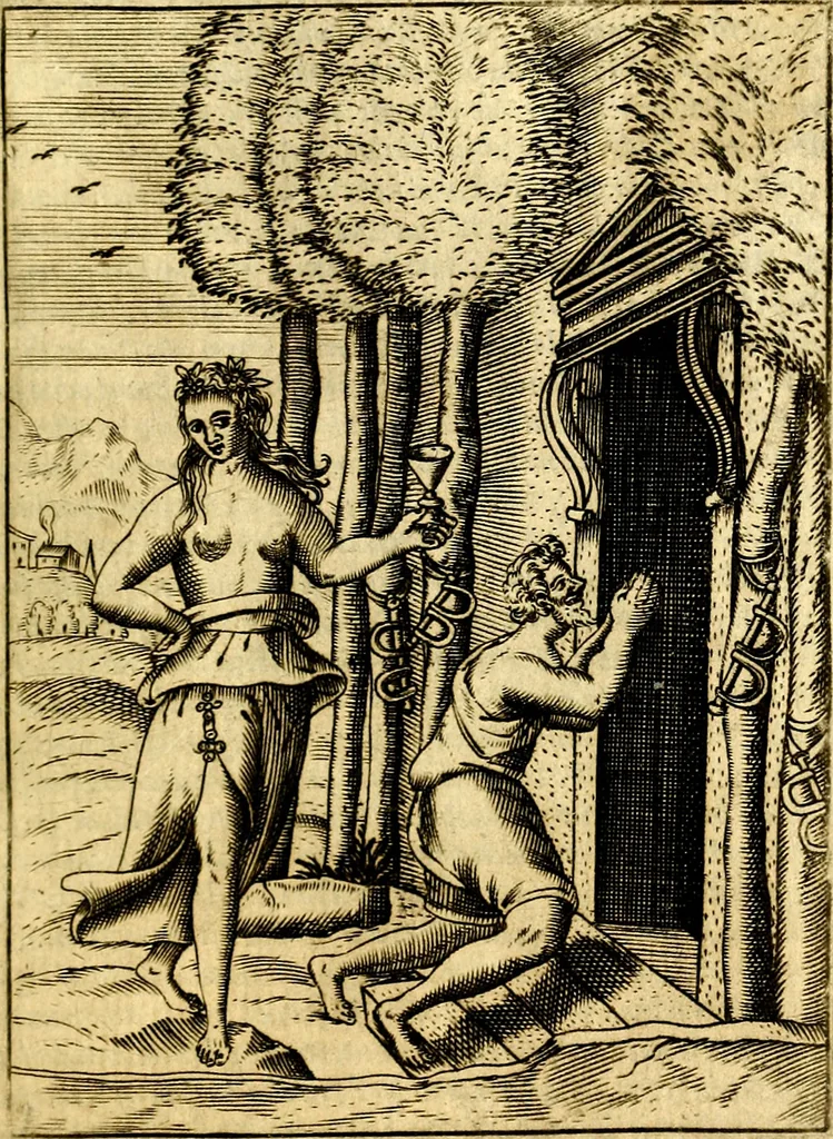 An illustration from Le imagini de gli dei de gli antichi del signor Vincenzo Cartari, reggiano : nelle quali sono descritte la religione de gli antichi, li idoli, riti & ceremonie loro ... et con l'espositione in epilogo di ciascheduna & suo significato : estrata dall' istesso Cartari per Cesare Malfatti .., 1625, leaf 74