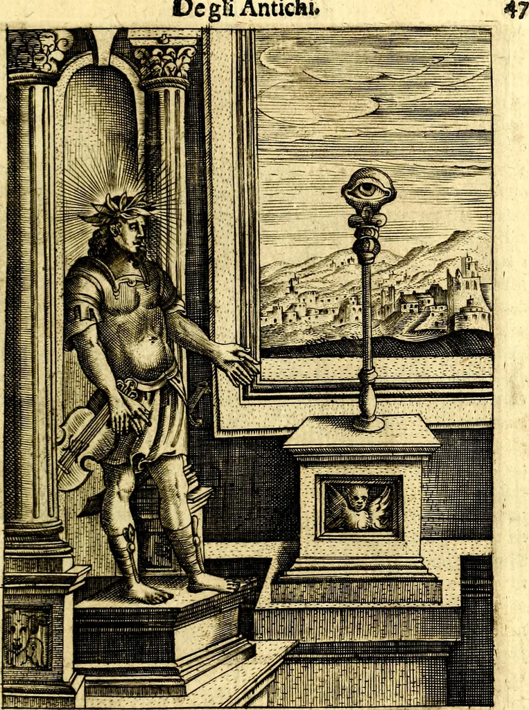 An illustration from Le imagini de gli dei de gli antichi del signor Vincenzo Cartari, reggiano : nelle quali sono descritte la religione de gli antichi, li idoli, riti & ceremonie loro ... et con l'espositione in epilogo di ciascheduna & suo significato : estrata dall' istesso Cartari per Cesare Malfatti .., 1625, leaf 82