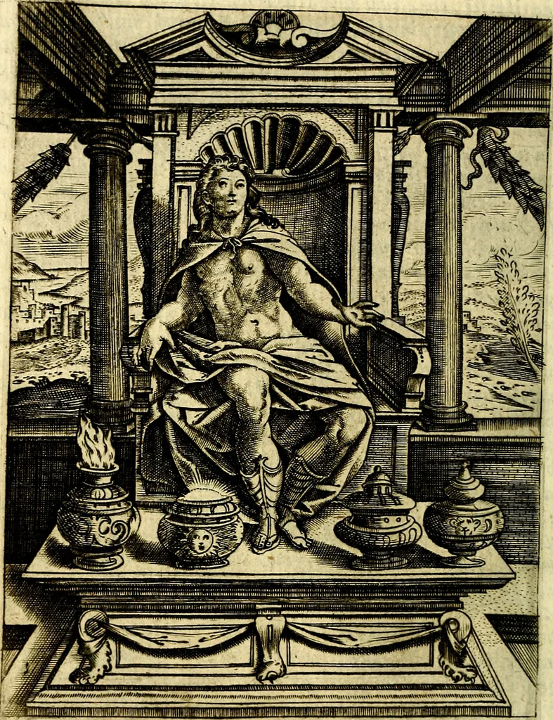 An illustration from Le imagini de gli dei de gli antichi del signor Vincenzo Cartari, reggiano : nelle quali sono descritte la religione de gli antichi, li idoli, riti & ceremonie loro ... et con l'espositione in epilogo di ciascheduna & suo significato : estrata dall' istesso Cartari per Cesare Malfatti .., 1625, leaf 93