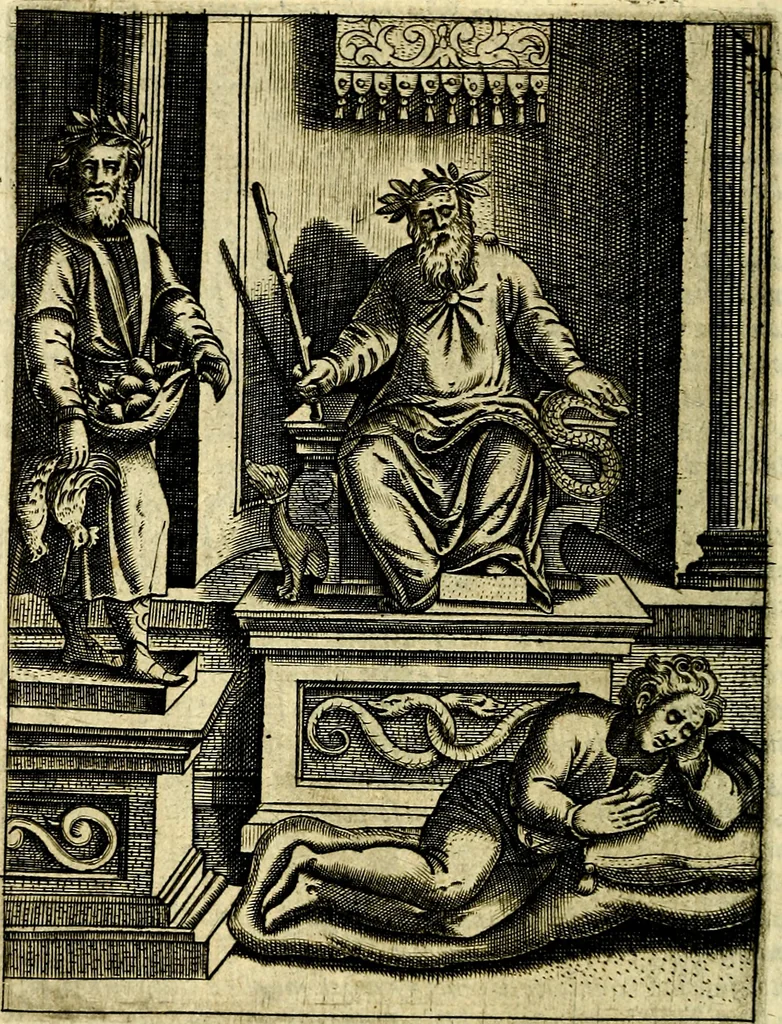An illustration from Le imagini de gli dei de gli antichi del signor Vincenzo Cartari, reggiano : nelle quali sono descritte la religione de gli antichi, li idoli, riti & ceremonie loro ... et con l'espositione in epilogo di ciascheduna & suo significato : estrata dall' istesso Cartari per Cesare Malfatti .., 1625, leaf 95