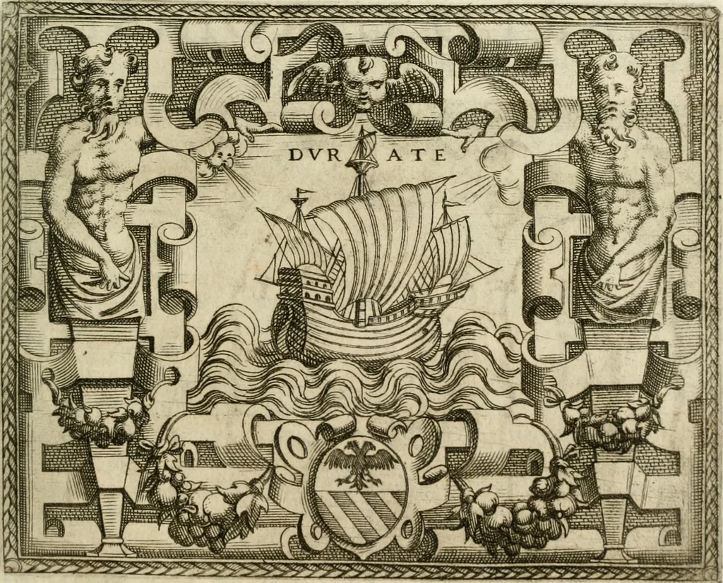 An illustration from Le imprese illustri : con espositioni et discorsi del Sor Ieronimo Ruscelli : al serenissimo et sempre felicissimo re Catolico Filippo D'Austaria : con la giunta di altre imprese tutto riordinato et corretto da Fran.co Patritio, 1572, leaf 104