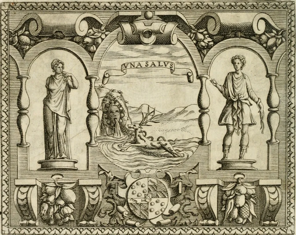 An illustration from Le imprese illustri : con espositioni et discorsi del Sor Ieronimo Ruscelli : al serenissimo et sempre felicissimo re Catolico Filippo D'Austaria : con la giunta di altre imprese tutto riordinato et corretto da Fran.co Patritio, 1572, leaf 105